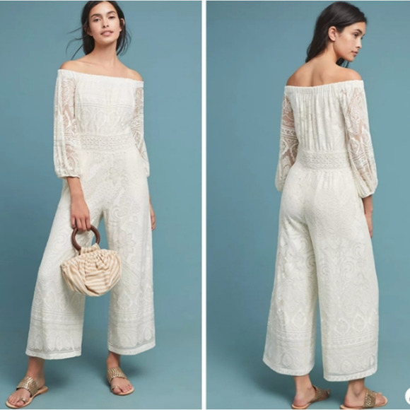 Farm rio Pants - Farm Rio Elliot Boho Off the Shoulder Crochet Wide-Leg Jumpsuit- White, Size XS